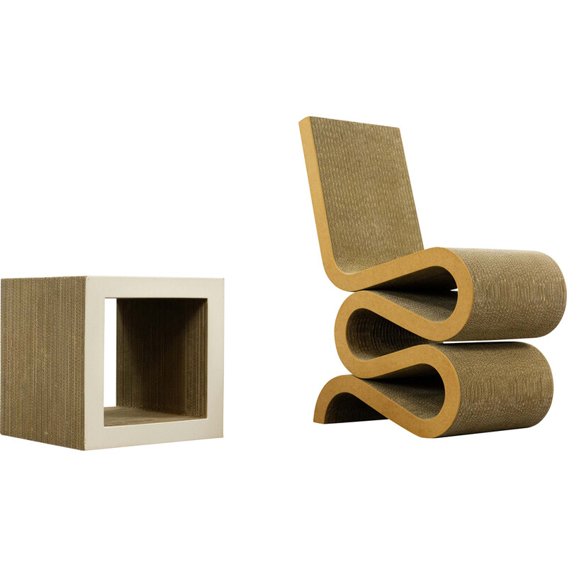 Sedia Wiggle vintage "Easy Edges" con tavolino di Frank O. Gehry per Vitra, 1972