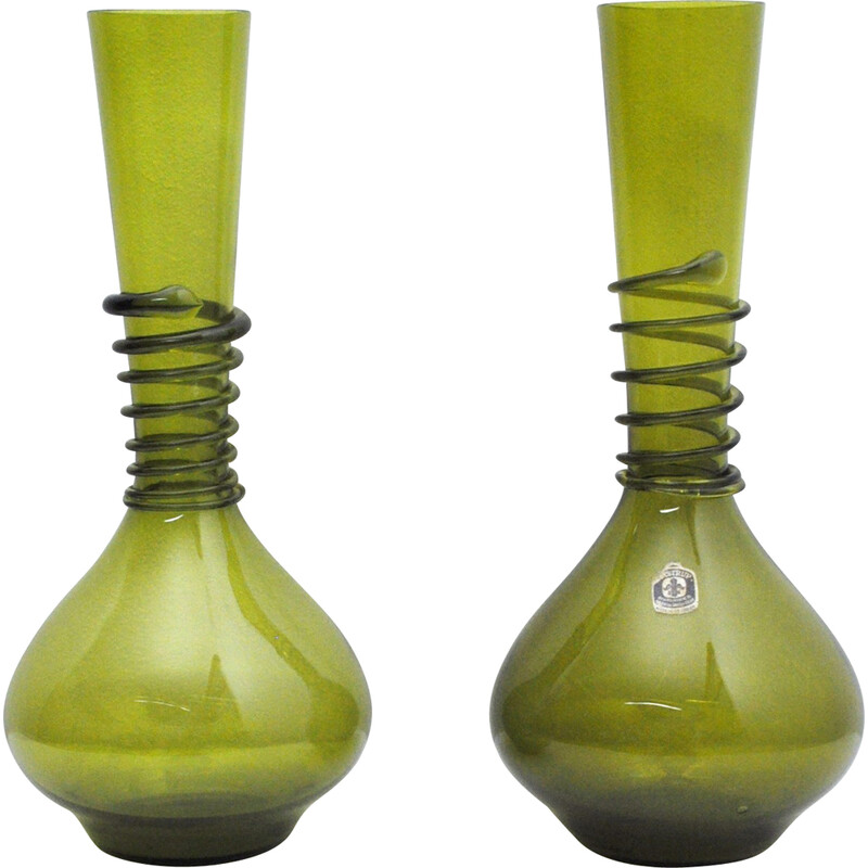 Paire de vases vintage en verre d'art vert par Jacob E. Bang pour Kastrup Glasværk, Danemark 1964