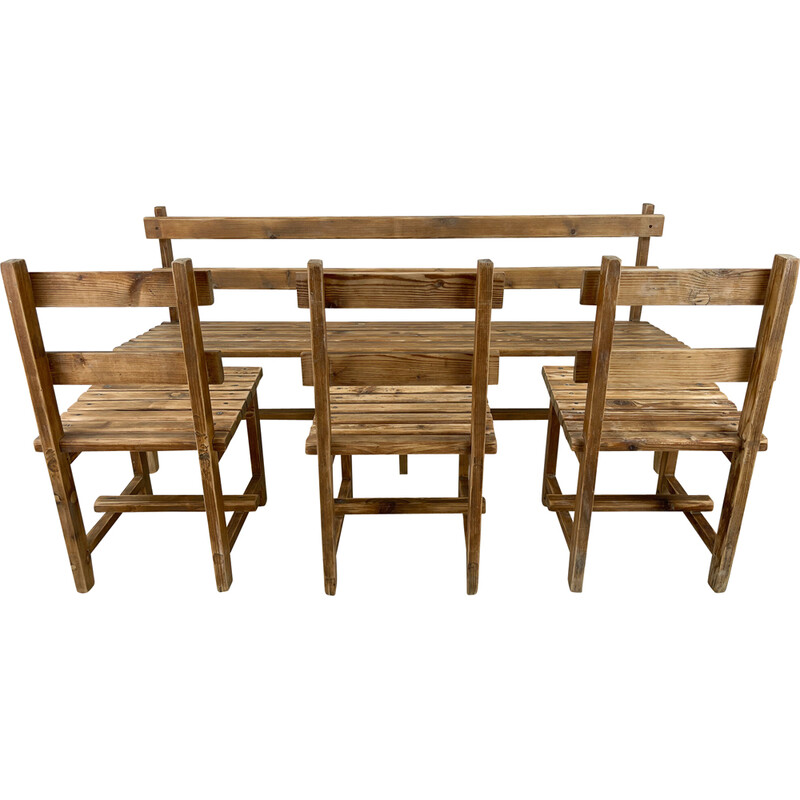 Vintage bench with 3 chairs in wood