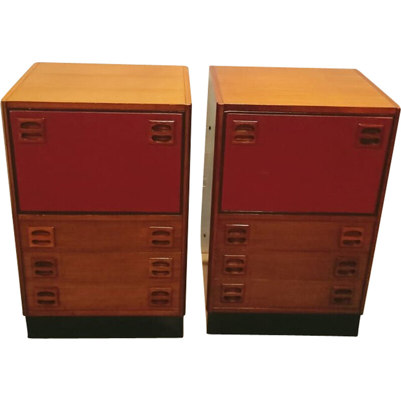 Pair of vintage night stands in teak and red leather, Denmark