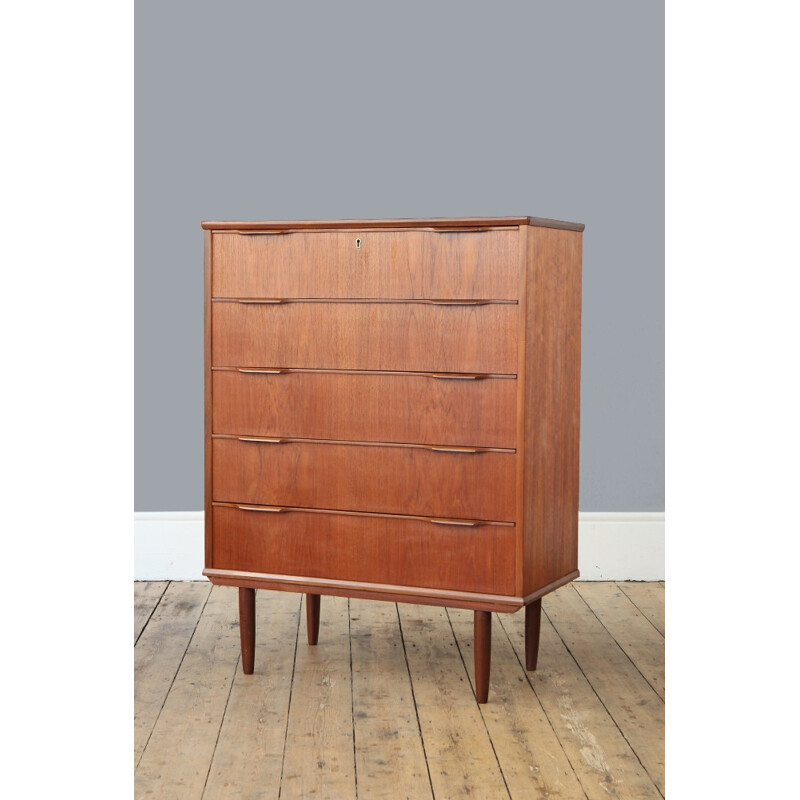 Large chest of drawers in teak with 5 drawers - 1960s