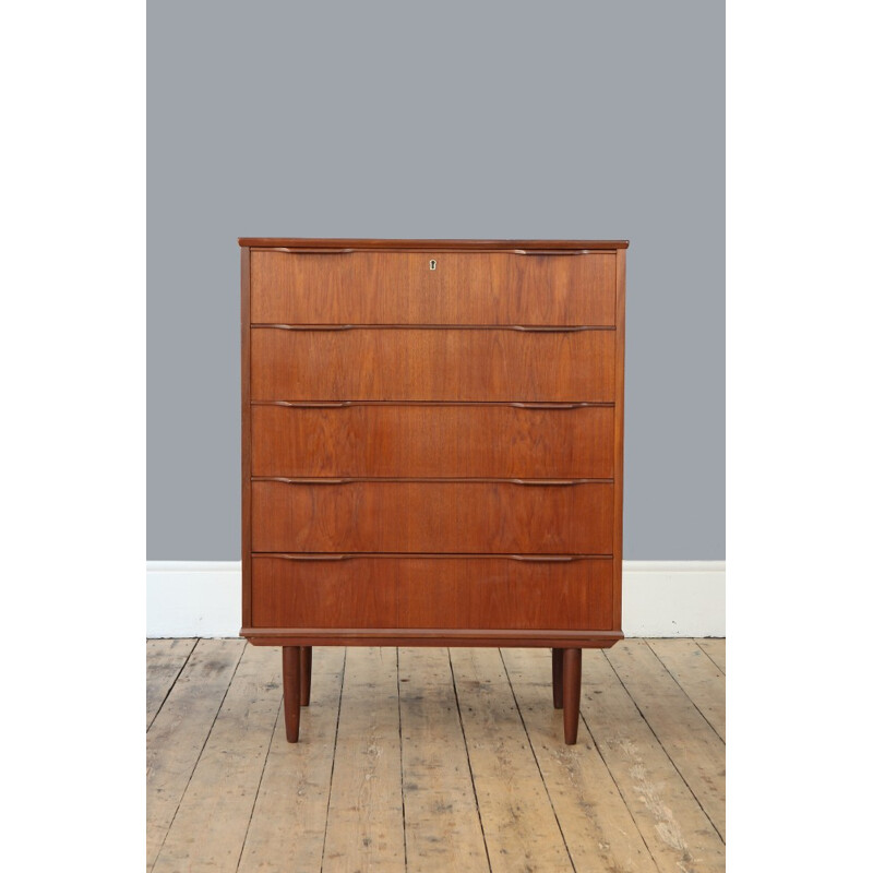 Large chest of drawers in teak with 5 drawers - 1960s