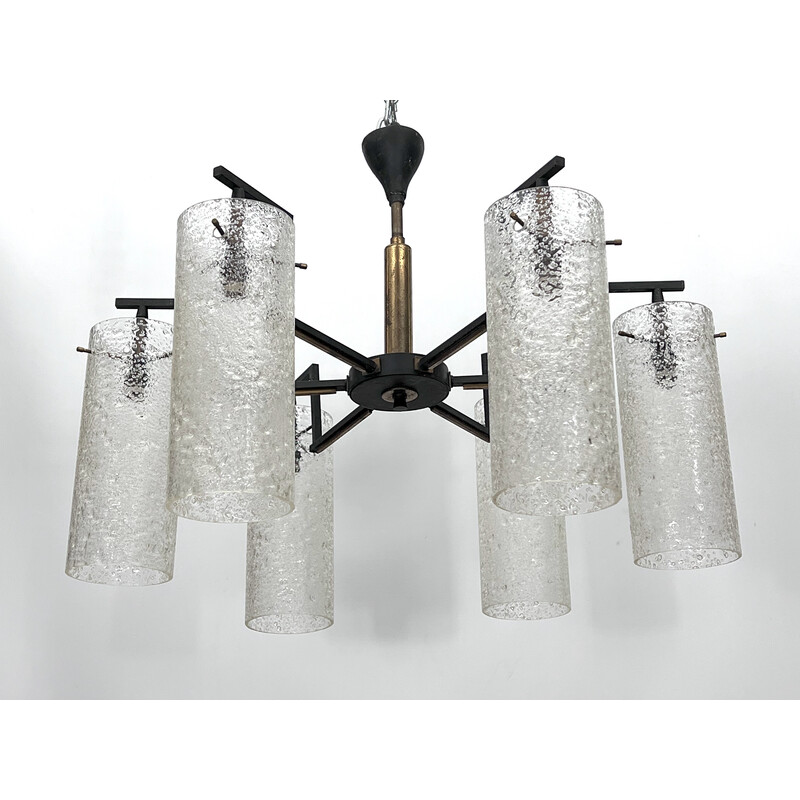 Vintage chandelier in etched glass, brass and lacquered metal, Italy 1950s