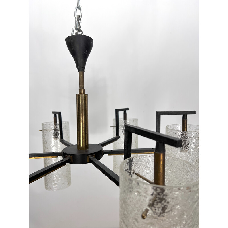 Vintage chandelier in etched glass, brass and lacquered metal, Italy 1950s
