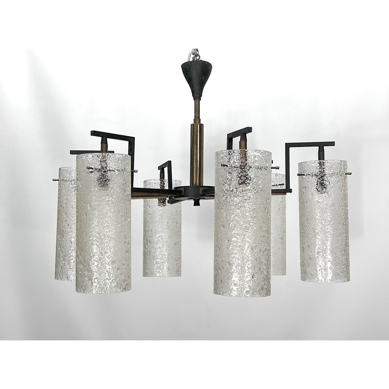 Vintage chandelier in etched glass, brass and lacquered metal, Italy 1950s
