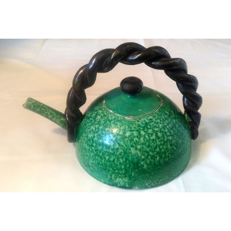 Vintage Cerenne green glazed terra cotta teapot, 1940-1950