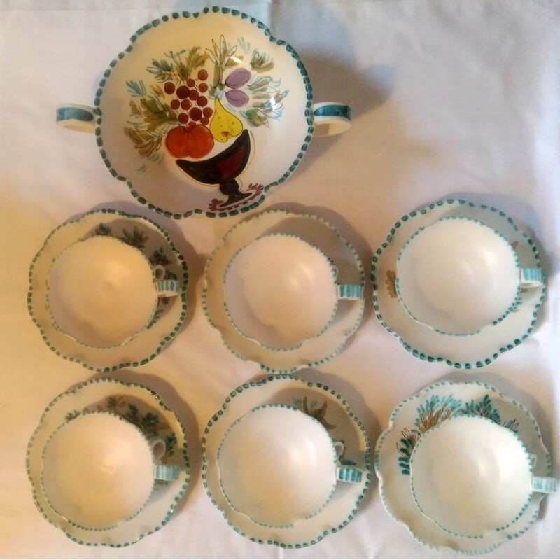 Service à thé vintage Cerenne Vallauris avec saladier, 1950