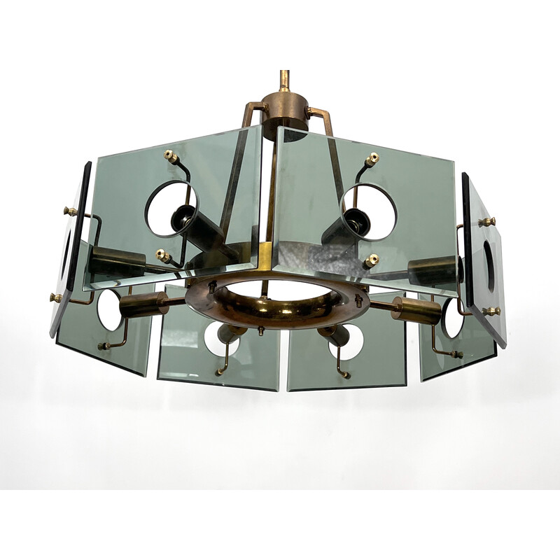 Vintage brass and smoked glass chandelier by Gino Paroldo, Italy 1960s