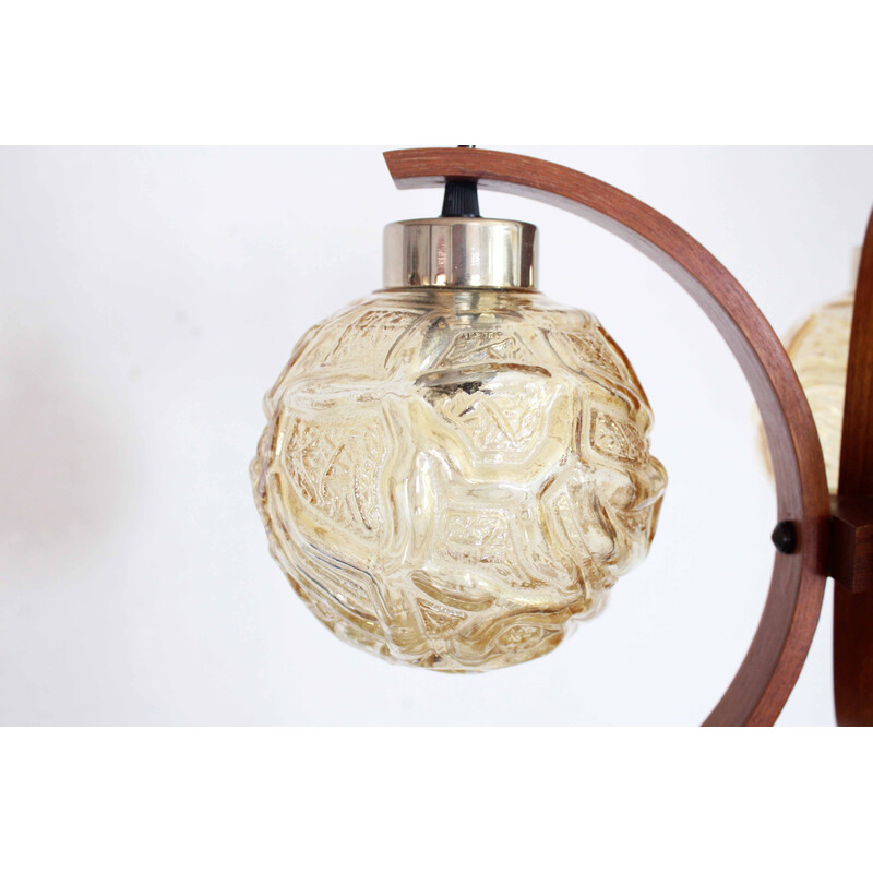 Scandinavian vintage plywood and gold glass chandelier, 1970