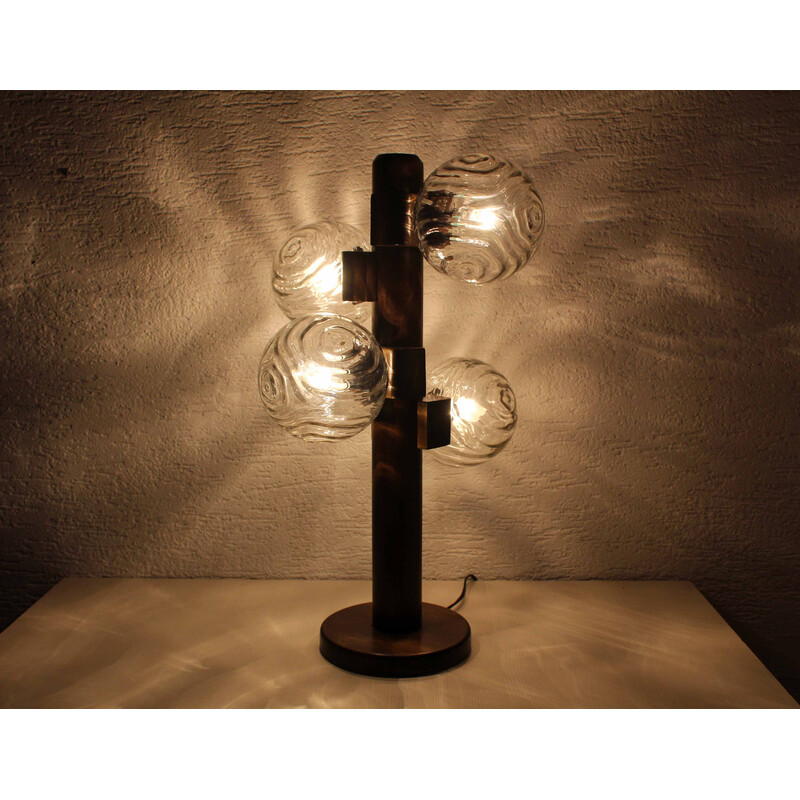 Lámpara de pie vintage de madera maciza con 4 bolas de cristal, 1960