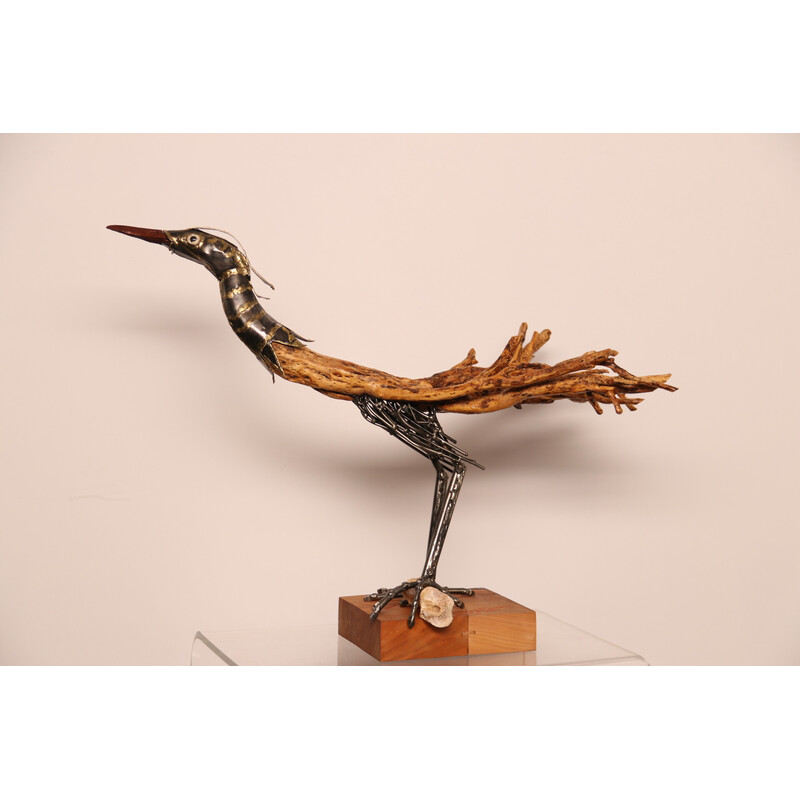 Vintage hand-crafted sculpture "drôle d'oiseau" in wood and metal by Louis de Verdal, France 2022