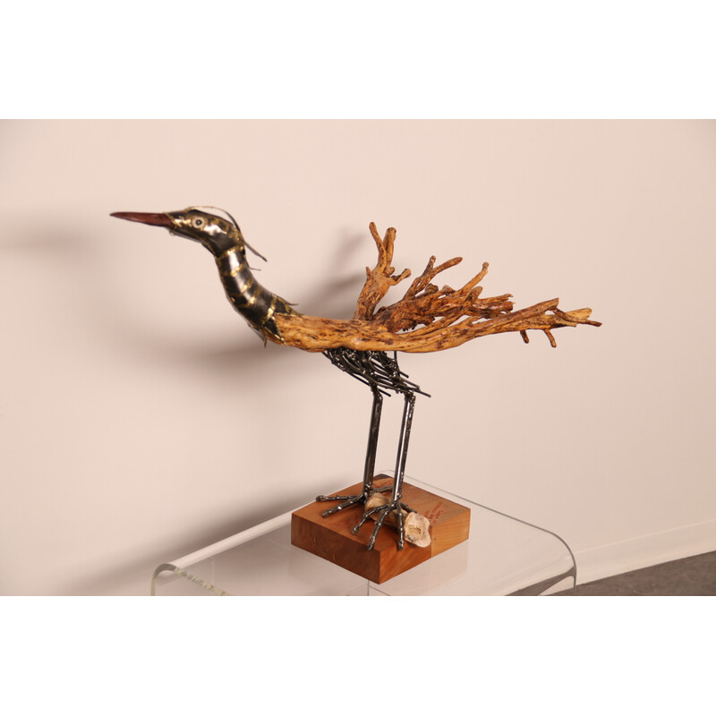 Scultura artigianale d'epoca "drôle d'oiseau" in legno e metallo di Louis de Verdal, Francia 2022