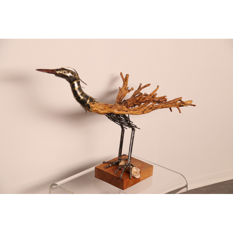 Vintage hand-crafted sculpture "drôle d'oiseau" in wood and metal by Louis de Verdal, France 2022