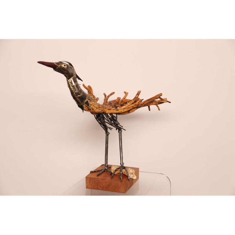 Vintage hand-crafted sculpture "drôle d'oiseau" in wood and metal by Louis de Verdal, France 2022