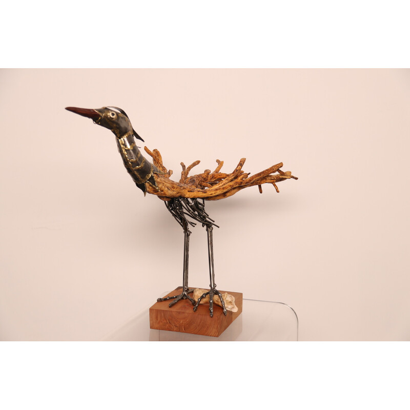 Vintage handgemaakte sculptuur "drôle d'oiseau" in hout en metaal door Louis de Verdal, Frankrijk 2022