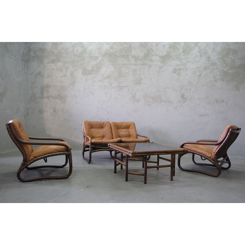 Vintage rattan and leather living room set, Italy 1970s