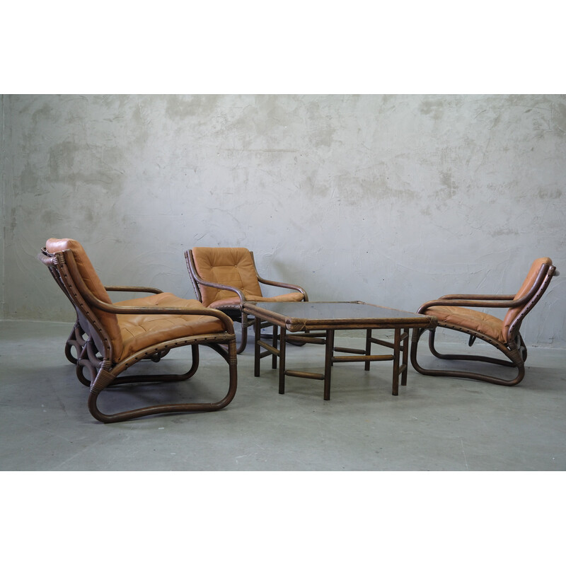 Vintage rattan and leather living room set, Italy 1970s