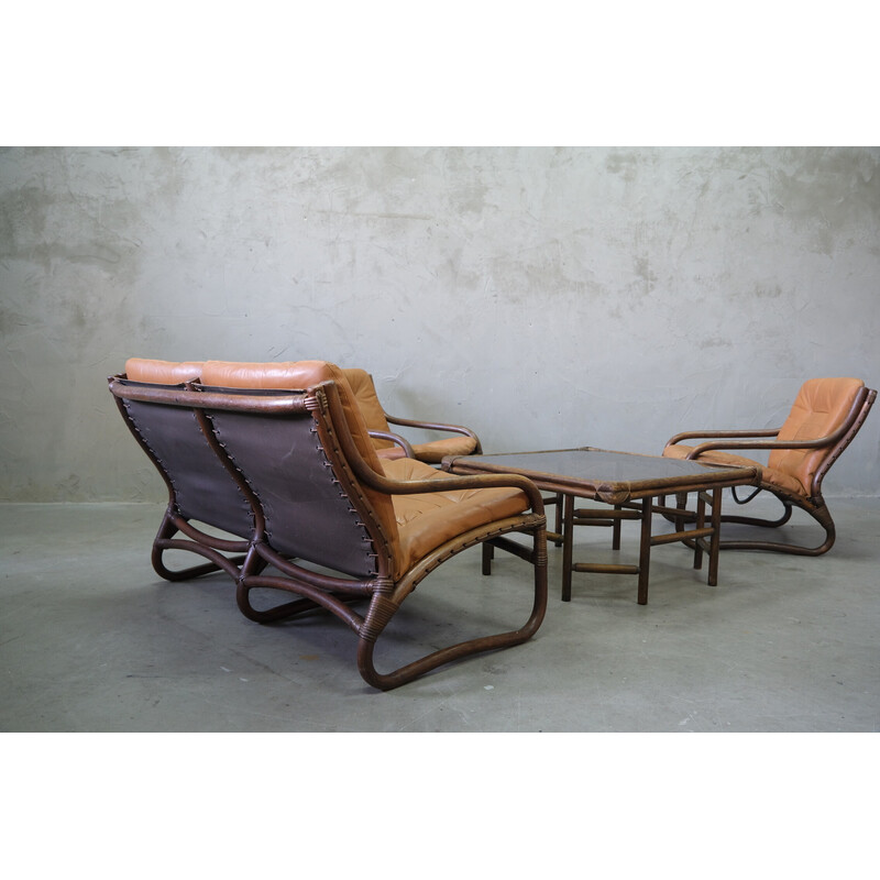 Vintage rattan and leather living room set, Italy 1970s