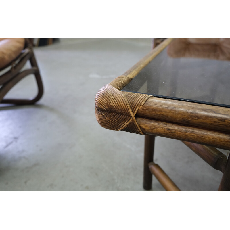 Conjunto Vintage rattan e sala de cabedal, Itália 1970s