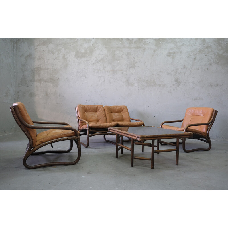 Set da salotto vintage in rattan e pelle, Italia, anni '70