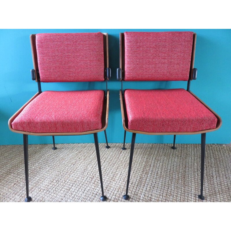 Paire de chaises en tissu chiné rouge, Alain RICHARD - années 60