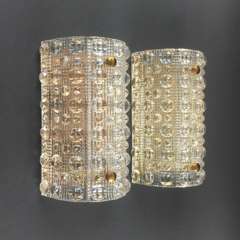 Pair of Scandinavian vintage glass and brass wall lamps "Venus" by Carl Fagerlund for Orrefors and Lyfa, 1960s