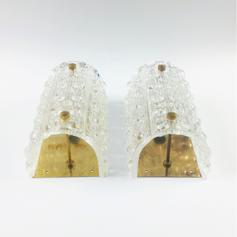 Pair of Scandinavian vintage glass and brass wall lamps "Venus" by Carl Fagerlund for Orrefors and Lyfa, 1960s