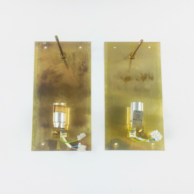 Paire d'appliques scandinaves vintage en verre et laiton "Venus" par Carl Fagerlund pour Orrefors et Lyfa, 1960