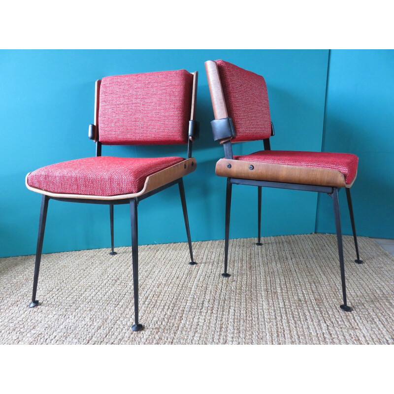 Pair of chairs with red fabric, Alain RICHARD - 1960s