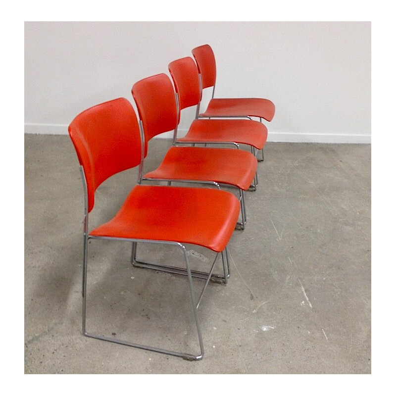 Suite de 4 chaises "404" oranges en métal laqué, David Rowland - 1970