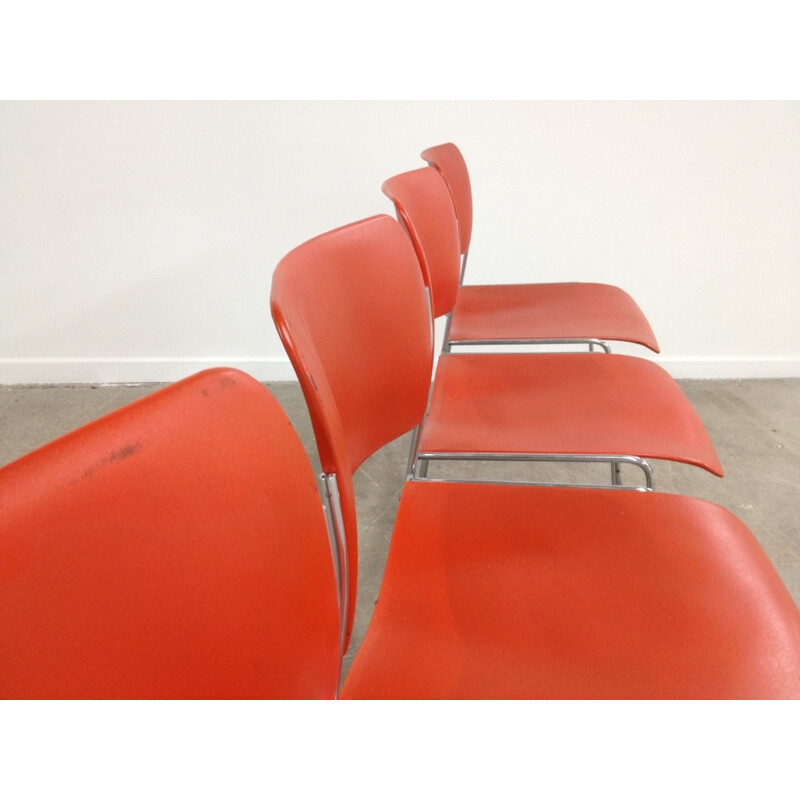 Set of 4 orange chairs "404"  in chrome steel by David Rowland -  1970s