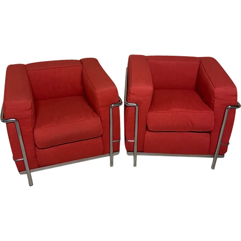 Pair of vintage Lc2 armchairs in metal and red fabric by Le Corbusier for Cassina