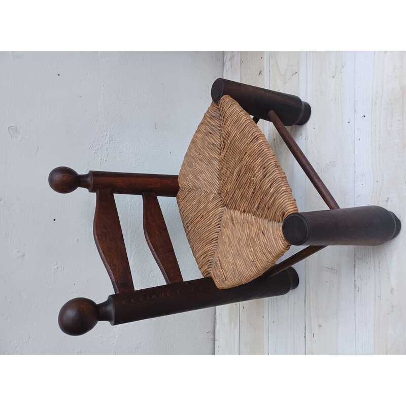 Vintage Brutalist chair in solid oakwood and woven rush