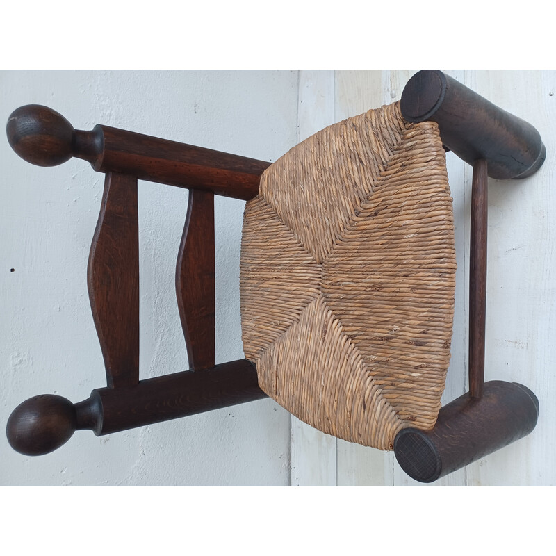Vintage Brutalist chair in solid oakwood and woven rush