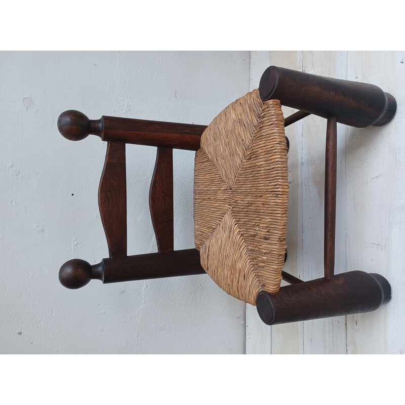 Vintage Brutalistische stoel in massief eikenhout en geweven biezen