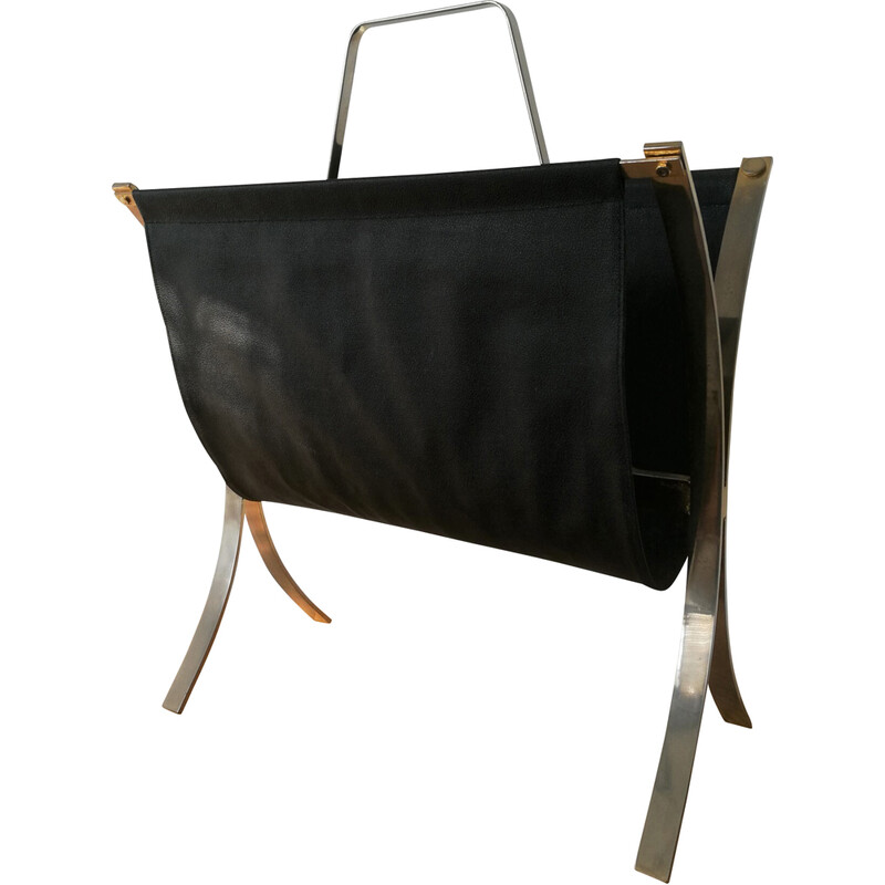 Vintage magazine rack in black and gold leatherette, 1970