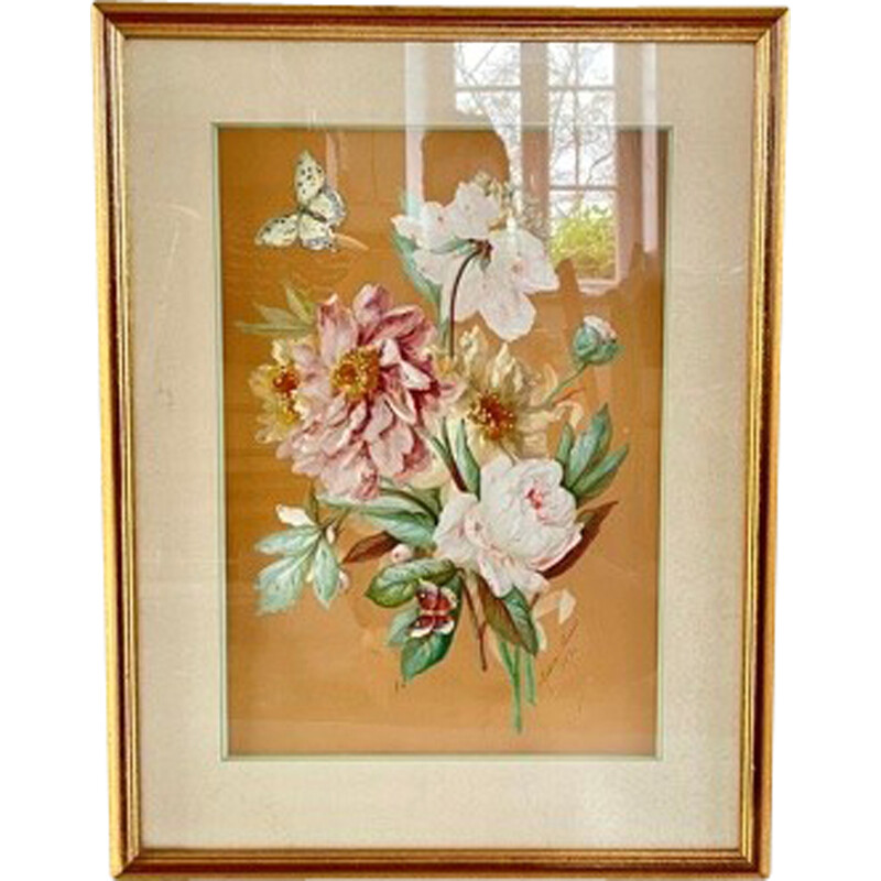 Vintage painting on paper "bouquet of peonies with butterflies", 1890