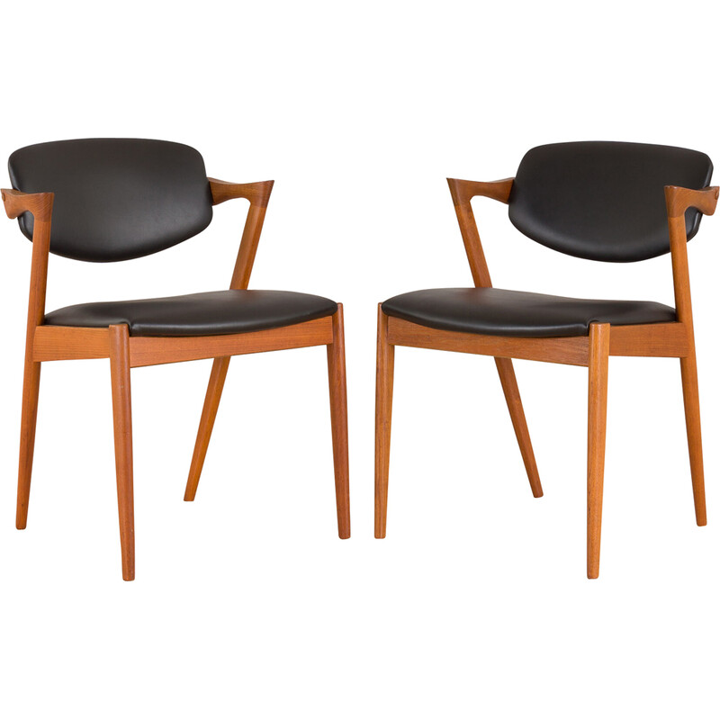 Paire de chaises vintage modèle 42 en teck et cuir noir de Kai Kristiansen pour Schou Andersen, 1960