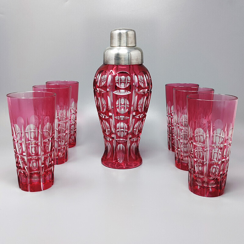 Vintage shaker com 6 copos de cristal vermelho da Boémia, Itália 1960