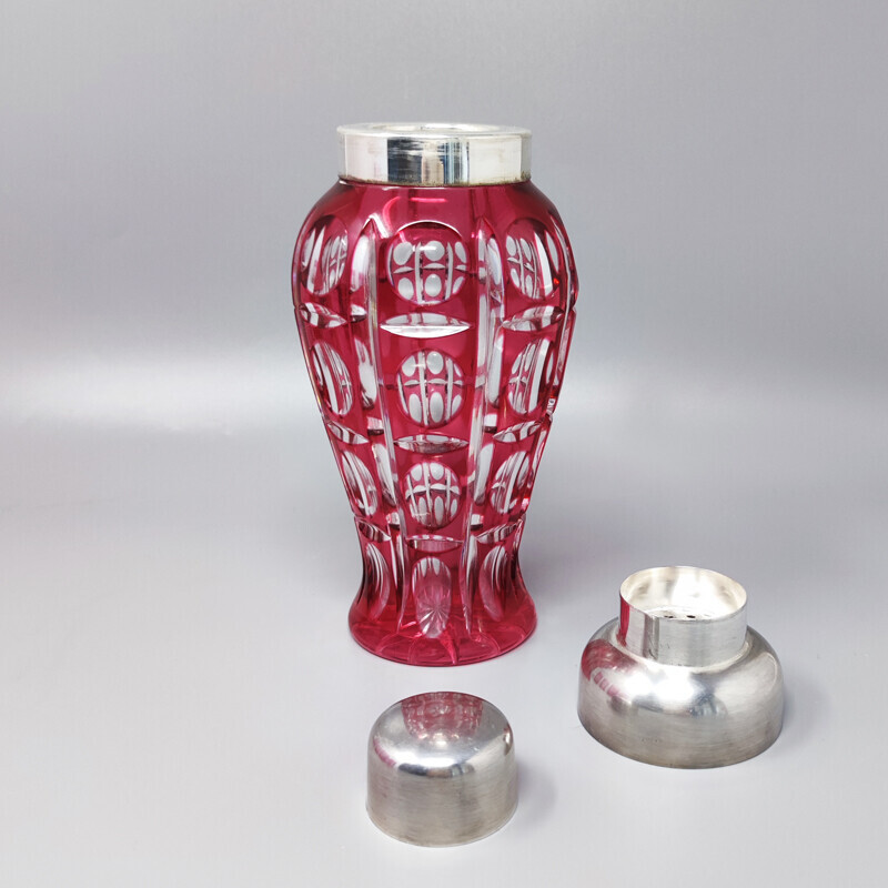 Vintage shaker met 6 rode Boheemse kristallen glazen, Italië 1960