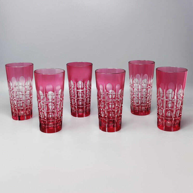 Vintage shaker with 6 red Bohemian crystal glasses, Italy 1960s