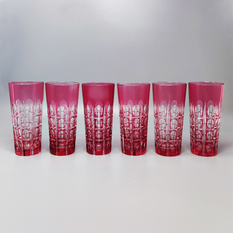 Vintage shaker met 6 rode Boheemse kristallen glazen, Italië 1960