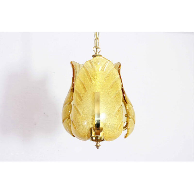 Vintage pendant lamp in golden glass and brass for Solken Leuchten, 1960s