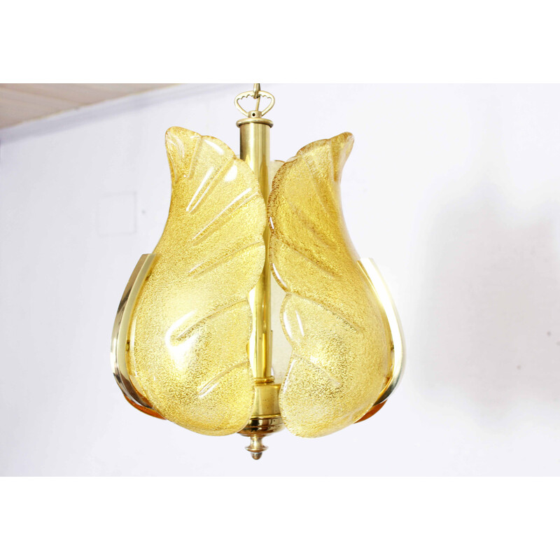 Vintage vidro dourado e suspensão de latão para Solken Leuchten Suspension, 1960