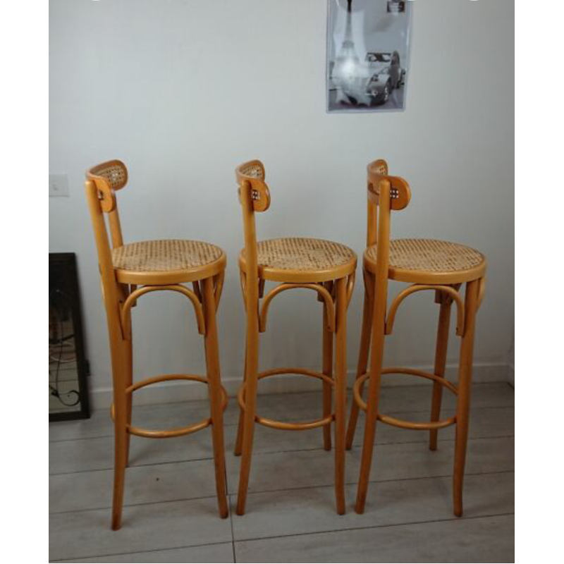 Set of 3 vintage bentwood and caning stools, 1970s-1980s