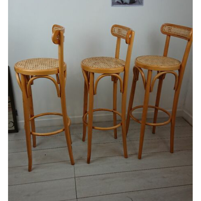 Set of 3 vintage bentwood and caning stools, 1970s-1980s