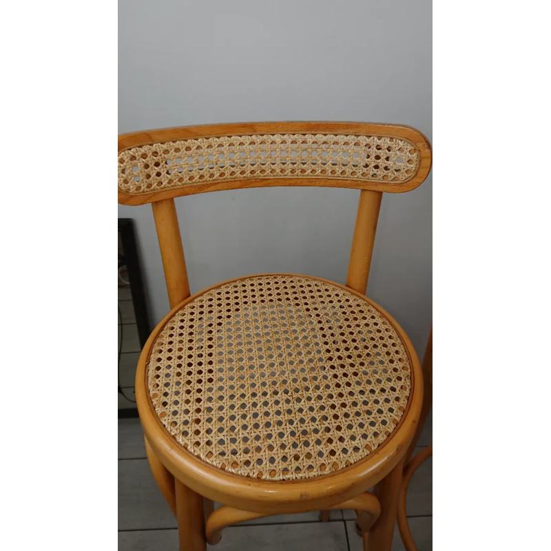 Set of 3 vintage bentwood and caning stools, 1970s-1980s