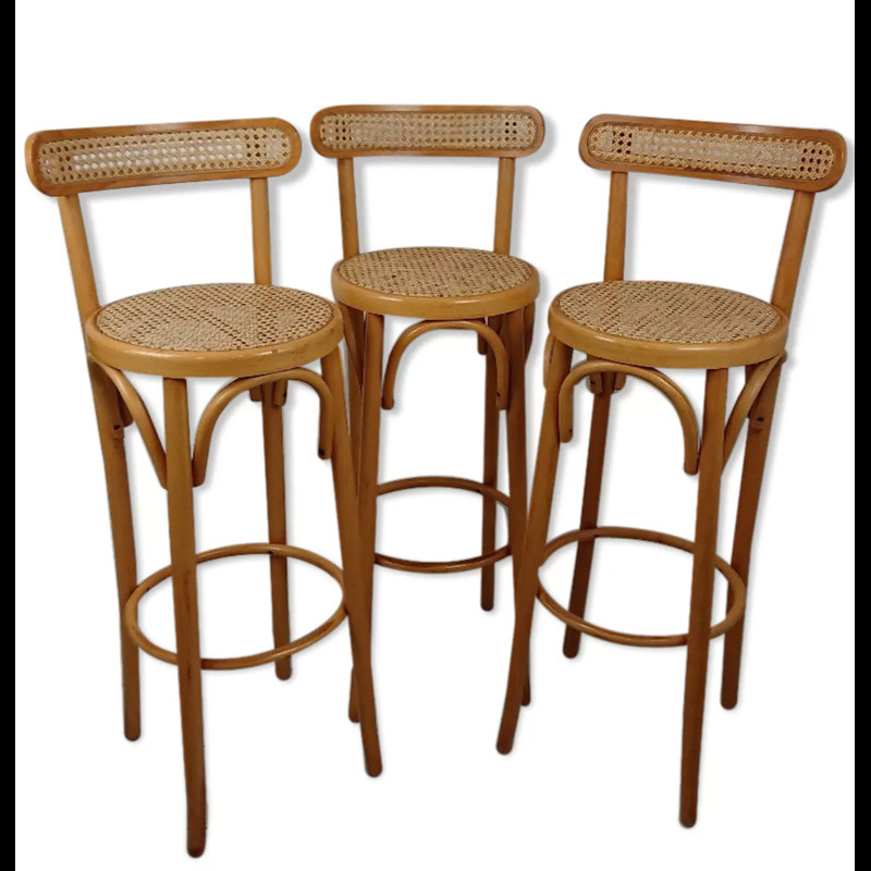 Set of 3 vintage bentwood and caning stools, 1970s-1980s