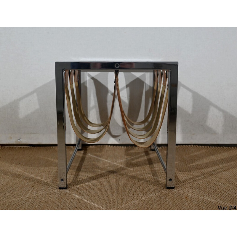 Vintage rectangular chromed metal and leather magazine rack by Novatrend