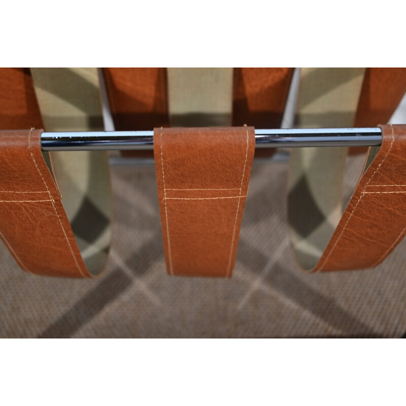 Vintage rectangular chromed metal and leather magazine rack by Novatrend